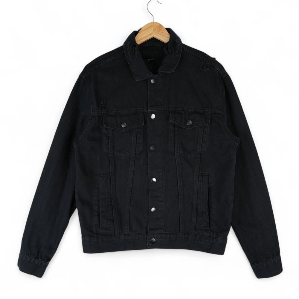 Forever 21 Denim‎ Jean Jacket Mens S Black Distressed Trucker Grunge Snap Button
